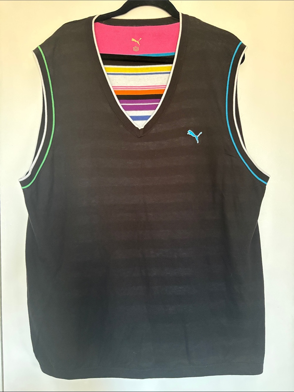 Puma Black White Striped V-Neck Sleeveless Top with Green Logo L
